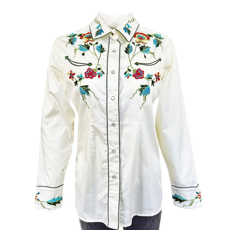 Women's Floral Embroidery Cotton Gabardine Ivory Western Shirt Elegant Draped Short Shirt