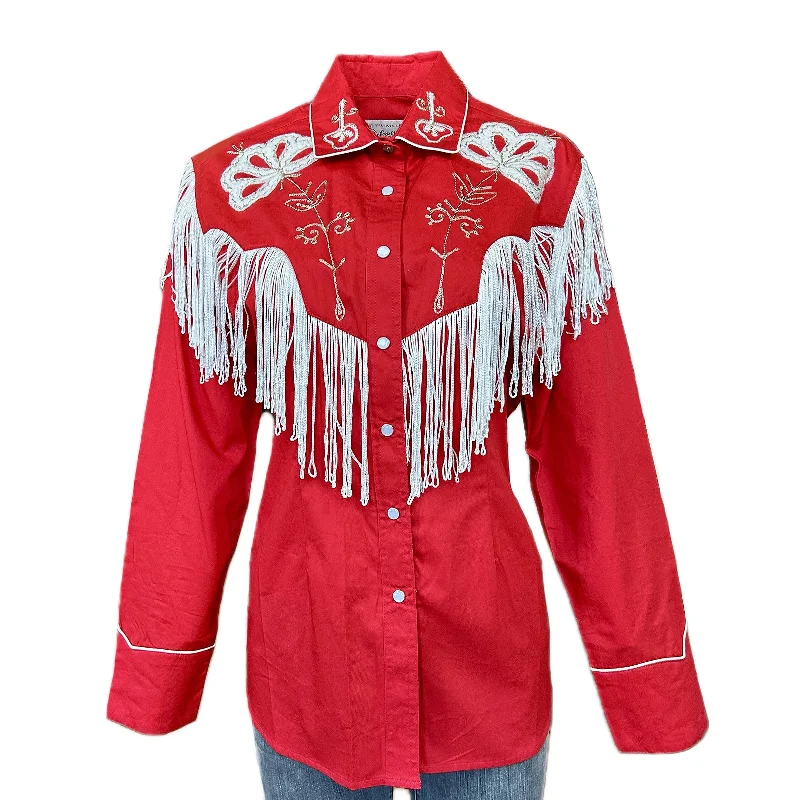 Women's Vintage Fringe Red Embroidered Western Shirt Chic Silk Short Sleeve Shirt