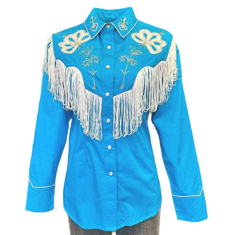 Women's Vintage Fringe Turquoise Embroidered Western Shirt Modern Fit Short Sleeve