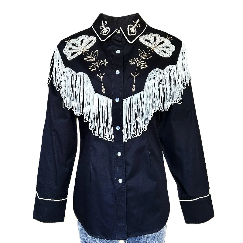 Women's Vintage Fringe Black Embroidered Western Shirt Classic Cropped Short Sleeve