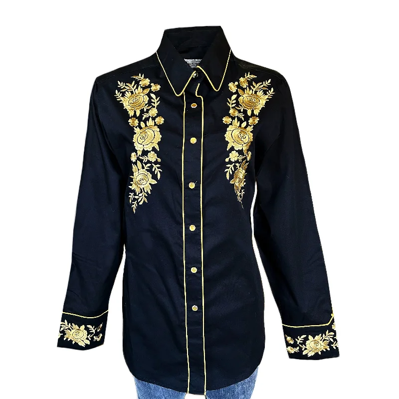 Women's Vintage Cascading Floral Embroidery Black Western Shirt Trendy Floral Print Tee