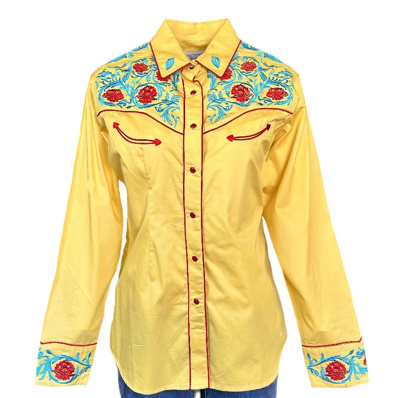 Women's Vintage Floral Embroidered Gold Western Shirt Relaxed Fit Short Shirt