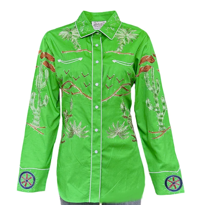 Women's Porter Wagoner Green Embroidered Western Shirt Stylish Striped Short Sleeve