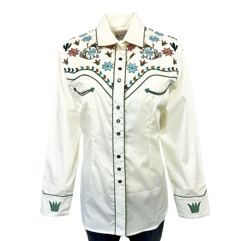 Women's Ivory Agave Cactus Floral Embroidery Western Shirt Classic Casual Short Sleeve