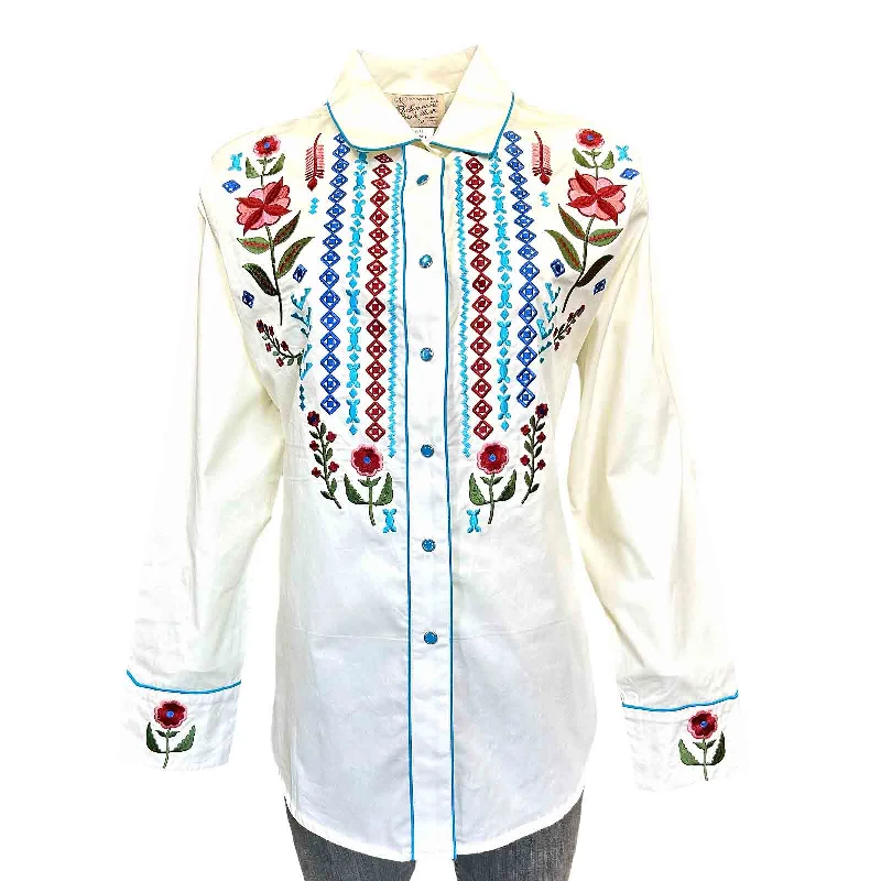 Women's Boho Serape Western Shirt with Cascading Embroidery in Ivory Classic Button-Up Short Tee