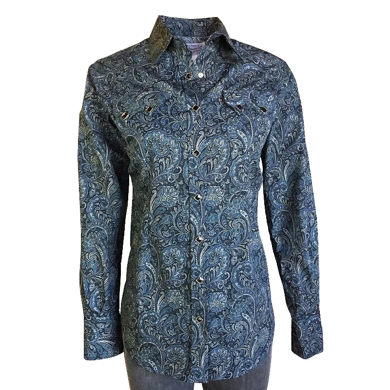 Women's Ornate Paisley Print Western Shirt in Navy Stylish Pleated Short Sleeve