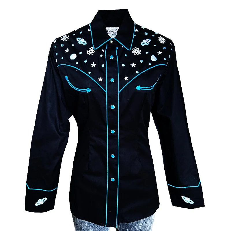 Women's Out of This World Embroidered Black Western Shirt Classic Basic Short Shirt