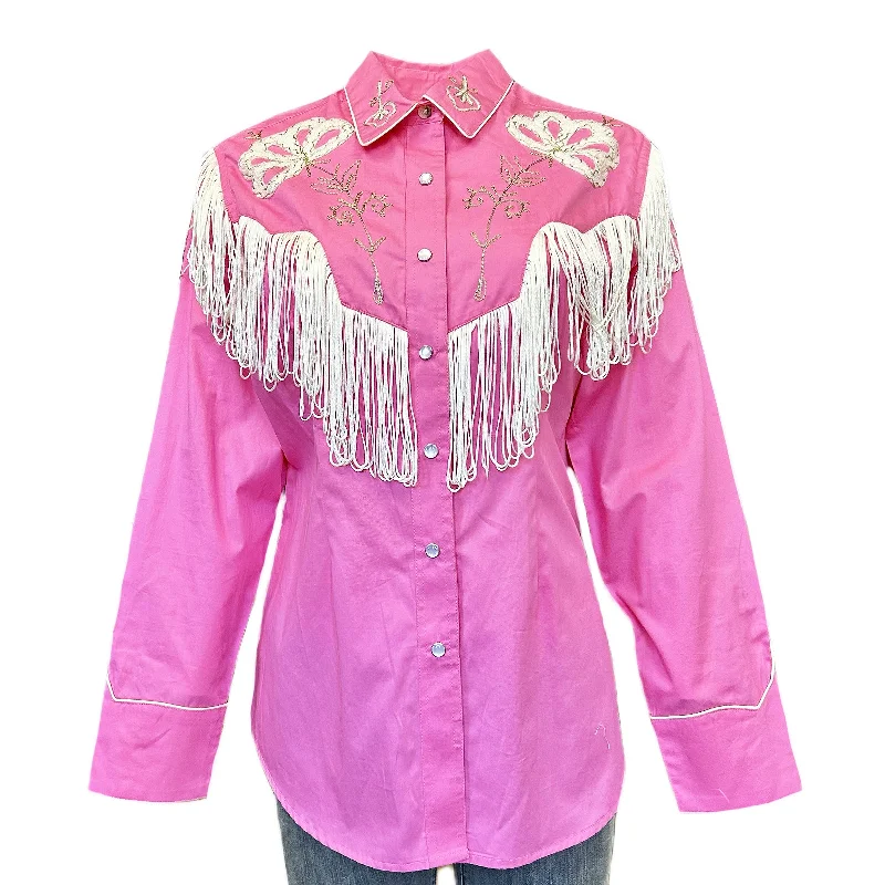 Women's Vintage Fringe Pink Embroidered Western Shirt Fashionable Short Sleeve Shirt