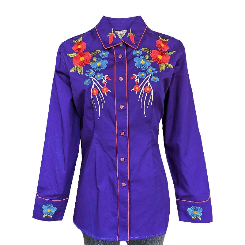 Women's Vintage Purple Floral Bouquet Embroidered Western Shirt Comfortable Stretch Short Shirt