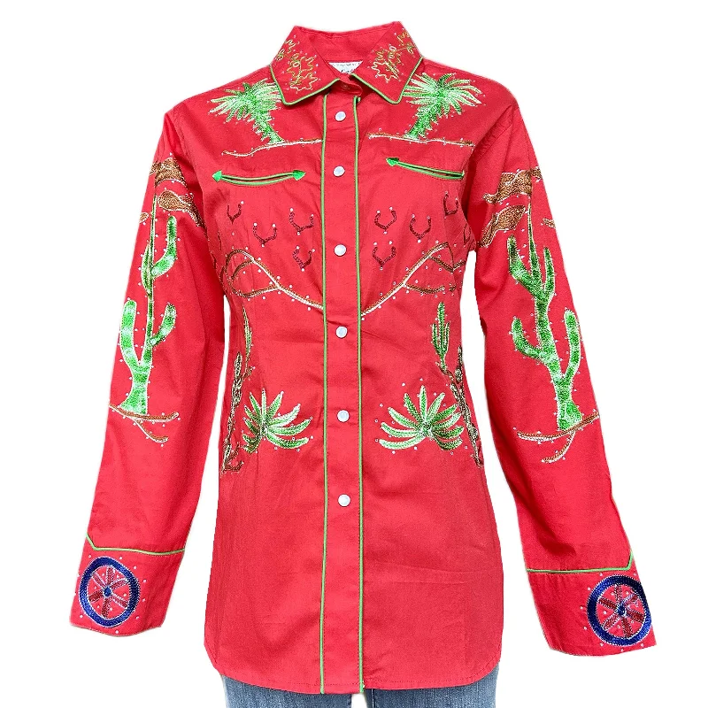 Women's Porter Wagoner Red Embroidered Western Shirt Trendy Sleeveless Short Shirt