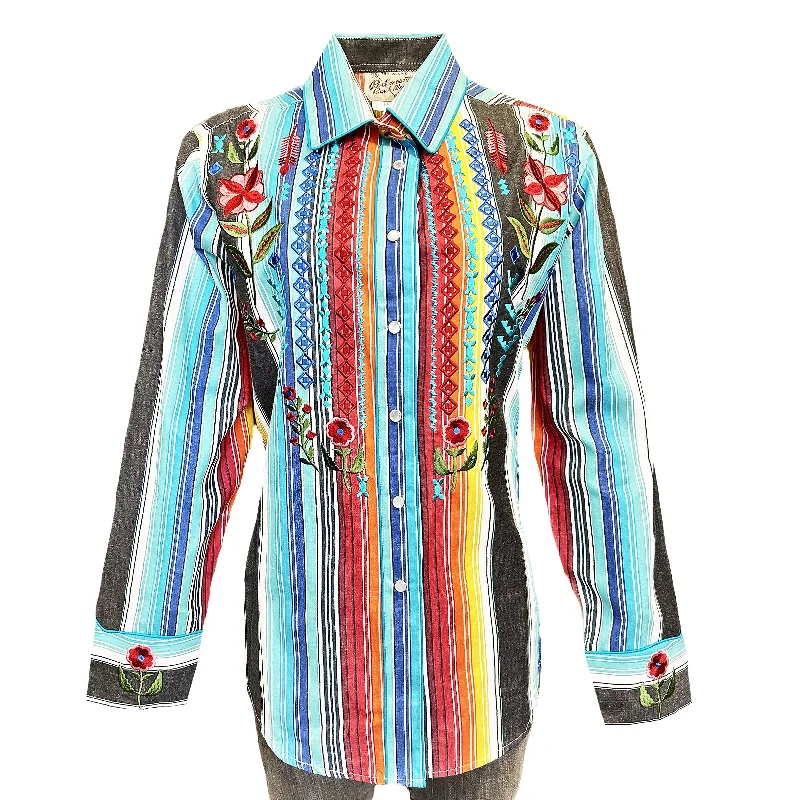 Women's Boho Serape Stripe Western Shirt with Cascading Embroidery Comfortable Fitted Short Sleeve