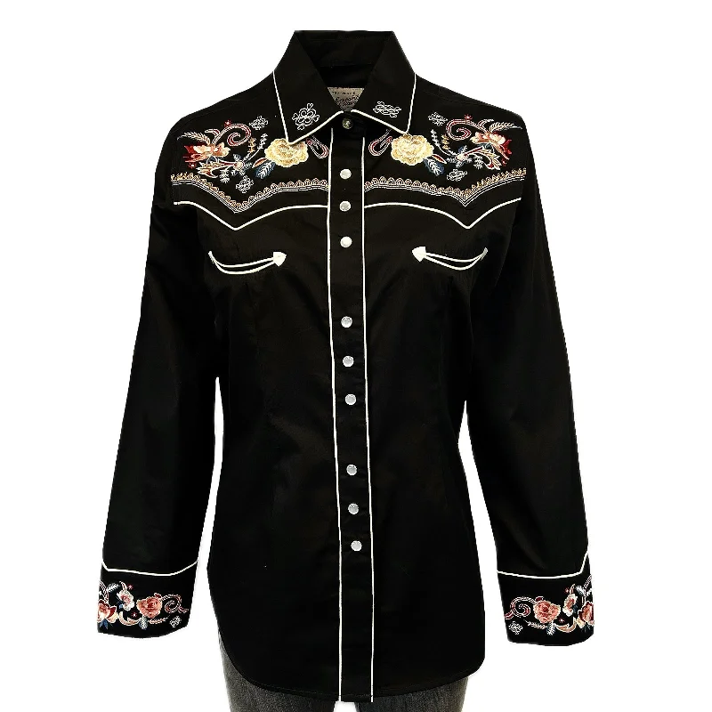 Women’s Vintage Floral & Stars Embroidered Shirt Trendy Print Short Sleeve