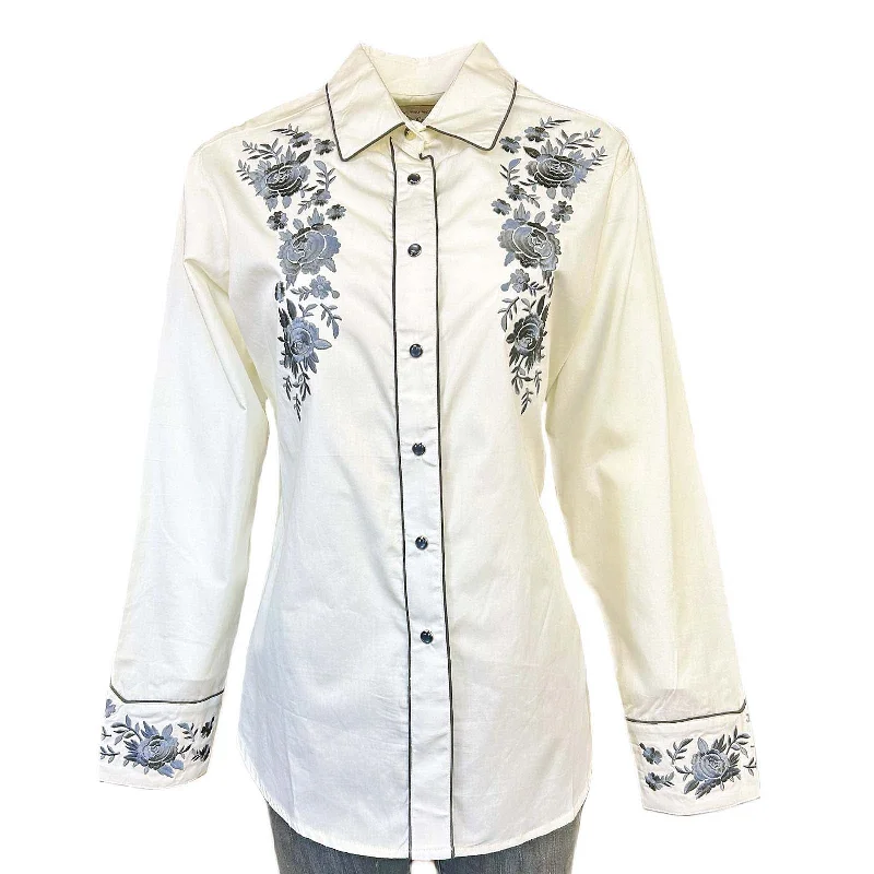 Women's Vintage Cascading Floral Embroidery Ivory Western Shirt Comfortable Peplum Short Shirt