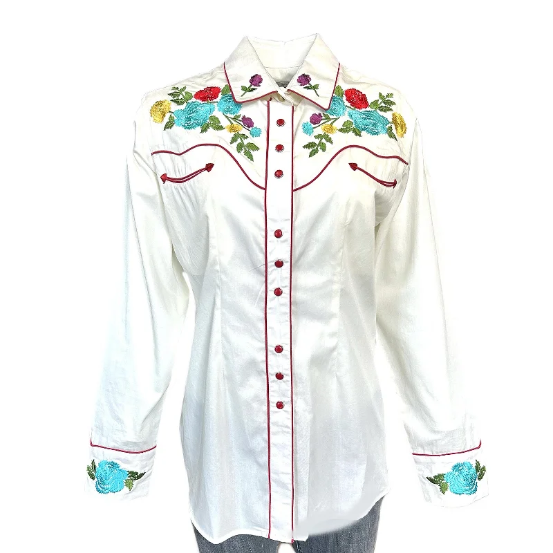 Women's Vintage Ivory Floral Pastel Embroidery Western Shirt Relaxed Short Sleeve Tee