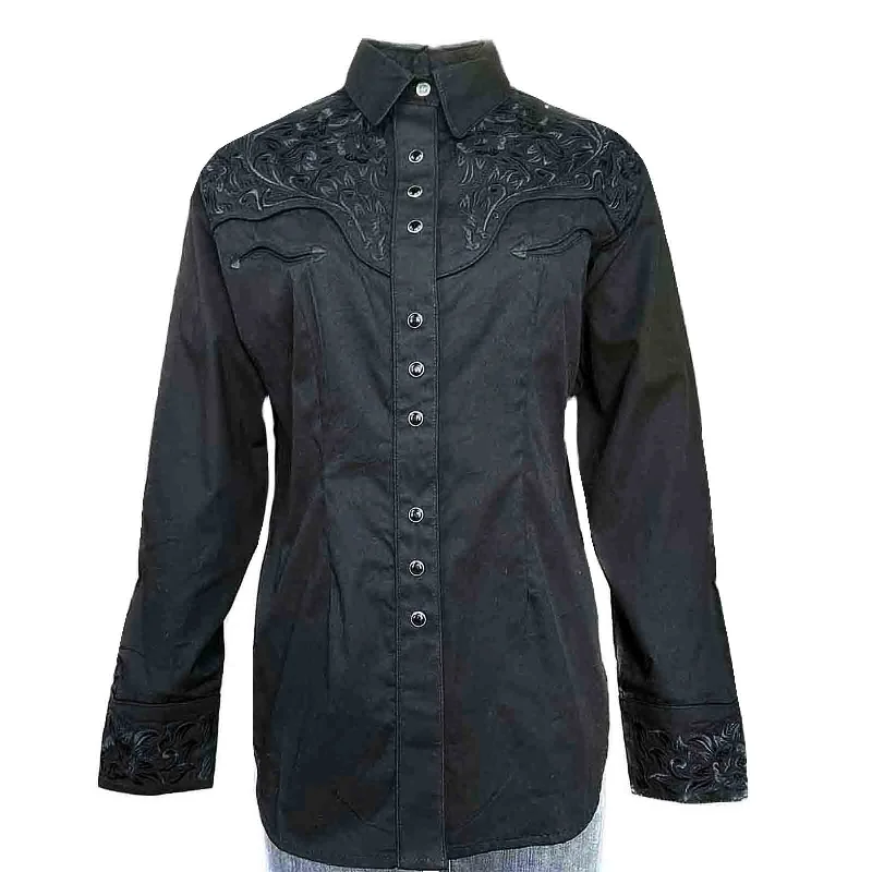 Women's Vintage Tooling Embroidery Black-on-Black Western Shirt Comfortable Fitted Short Sleeve