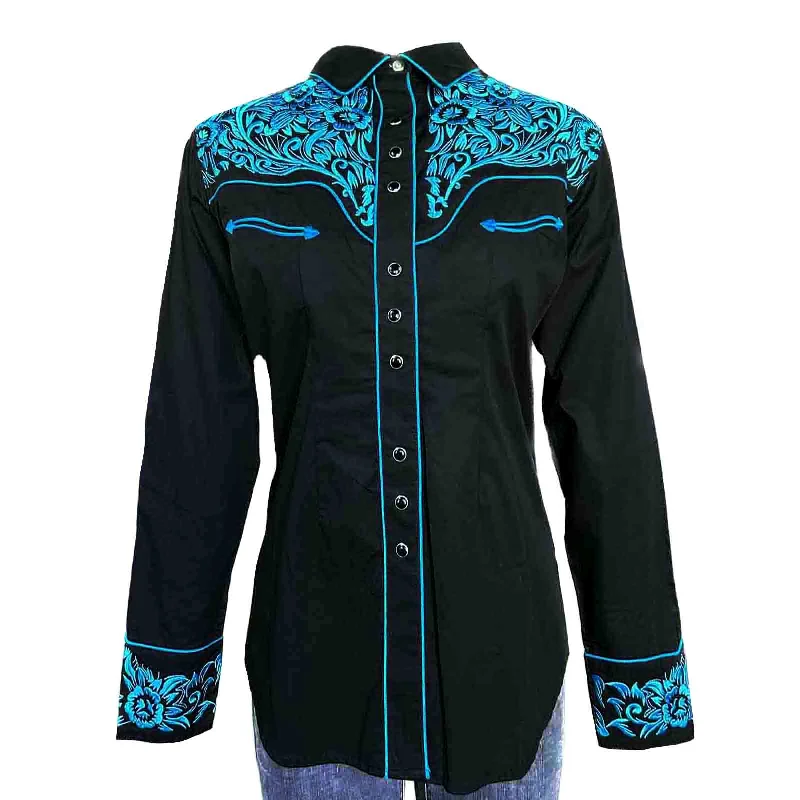 Women's Vintage Tooling Embroidery Black & Turquoise Western Shirt Classic Cropped Short Sleeve