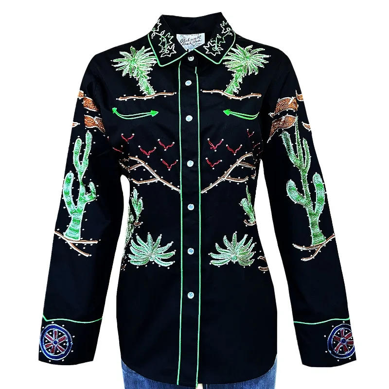 Women's Porter Wagoner Black Embroidered Western Shirt Fashionable Rounded Short Shirt