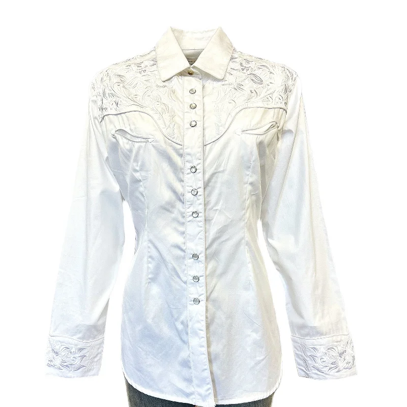 Women's Vintage Tooling Embroidery White-on-White Western Shirt Relaxed Fit Short Blouse