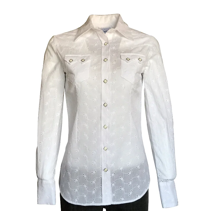 Women's White Eyelet Embroidery Western Shirt Stylish Crew Neck Shirt