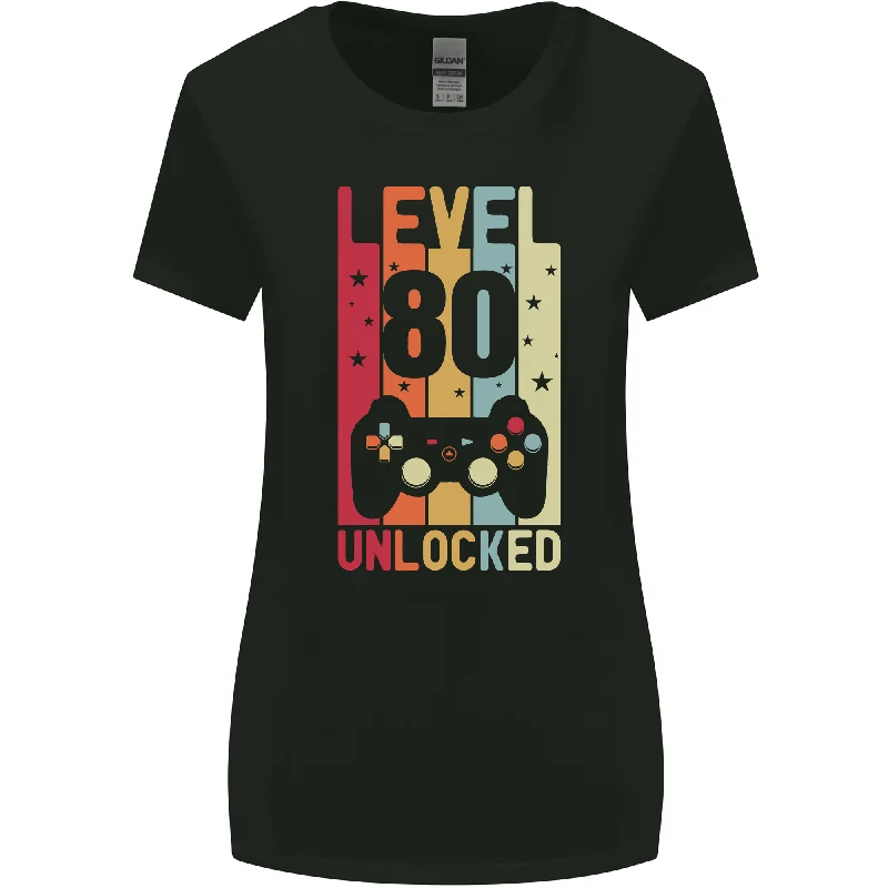 80th Birthday 80 Year Old Level Up Gaming Womens Wider Cut T-Shirt V-Neck T-Shirt Long Sleeve Cotton