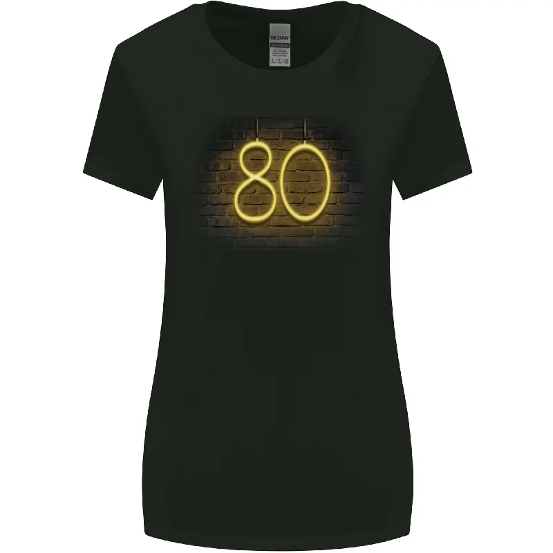 80th Birthday Neon Lights 80 Year Old Womens Wider Cut T-Shirt V-Neck T-Shirt Long Sleeve Cotton