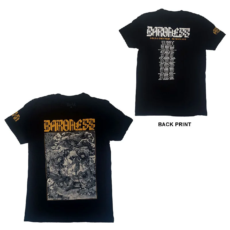 Baroness | Official Band T-Shirt | Gold & Grey Dateback (Ex-Tour/Back Print) Handmade Hand-knitted Hand-woven