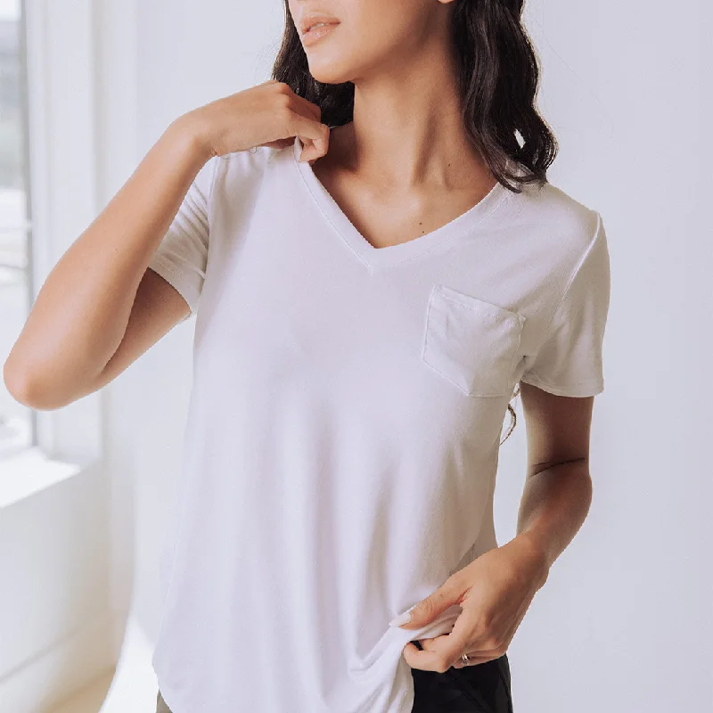 Basic V Neck Tee, Bamboo White Elasticated Padded Insulated