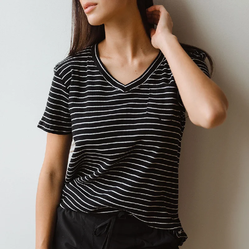 Basic V Neck Tee, Chunky Black and White Stripe Denim Fabric Leather Fabric Suede Fabric