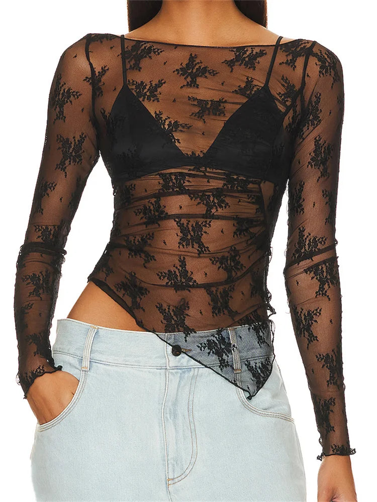 Lace Floral Long Sleeve Asymmetrical Hem Crop Mesh See Through Black Slim T-shirts Ribbed T-Shirt High Neck Heavyweight