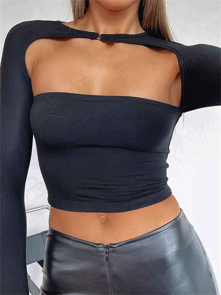 Long Sleeve Cutout Crop Casual Fashion Solid Color Backless Slim Fit T-shirts Ribbed T-Shirt High Neck Heavyweight