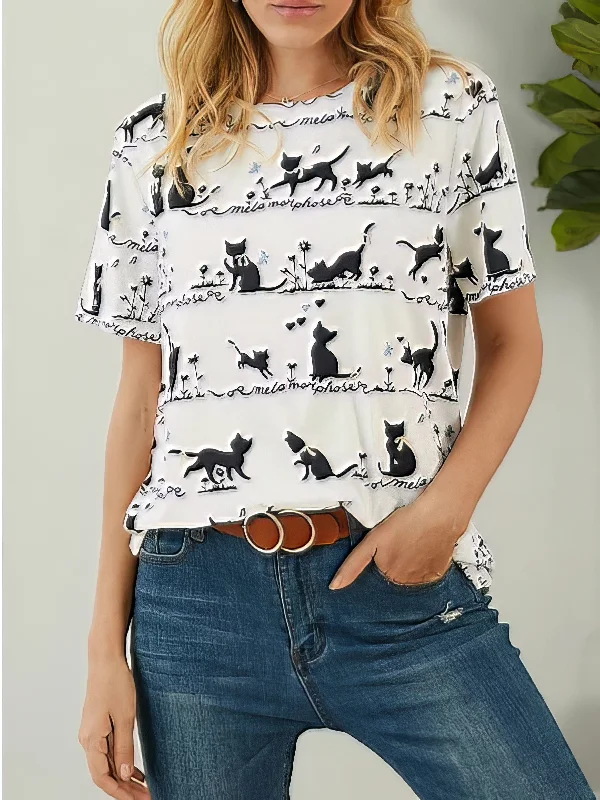 Cat Lover's Cozy Cotton T-shirt with Playful Cat Print Faux Fur Fabric Real Fur Fabric Shearling Fabric