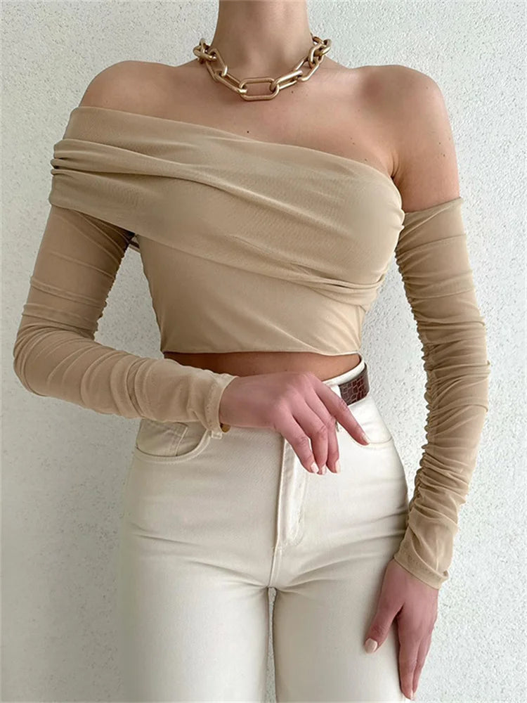 Mesh Sheer See Through Crop Off Shoulder Ruched Long Sleeve Summer New T-shirts Mesh Blend Leather Blend Suede Blend