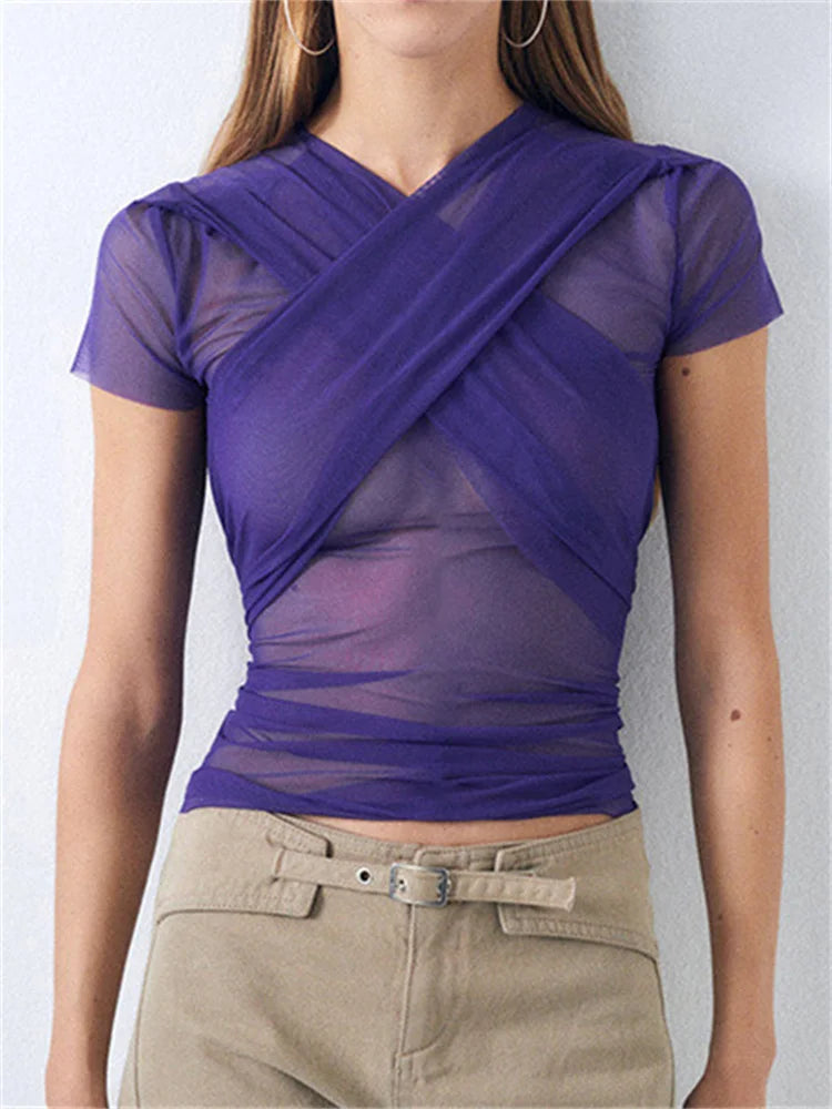 Mesh Sheer See Through Summer Y2K Criss-cross Lace-up T-shirts Modern Contemporary Chic