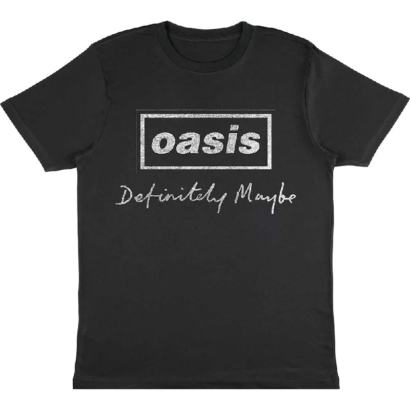 Oasis | Official Band T-Shirt | Definitely Maybe Distressed Text Logo Embroidered Appliqued Beaded