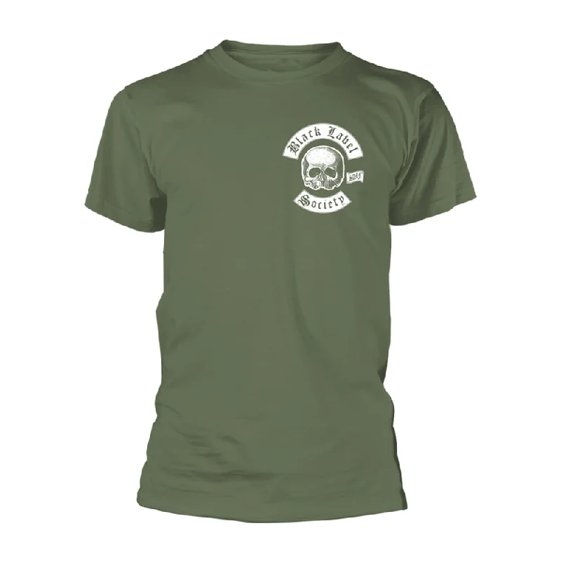 Black Label Society Unisex T-shirt: Skull Logo Pocket (Olive) (back print) Cashmere Blend Cotton Blend Poly Blend