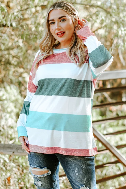 Plus Size Striped Slit Long Sleeve T-Shirt PLUS Houndstooth Herringbone Solid