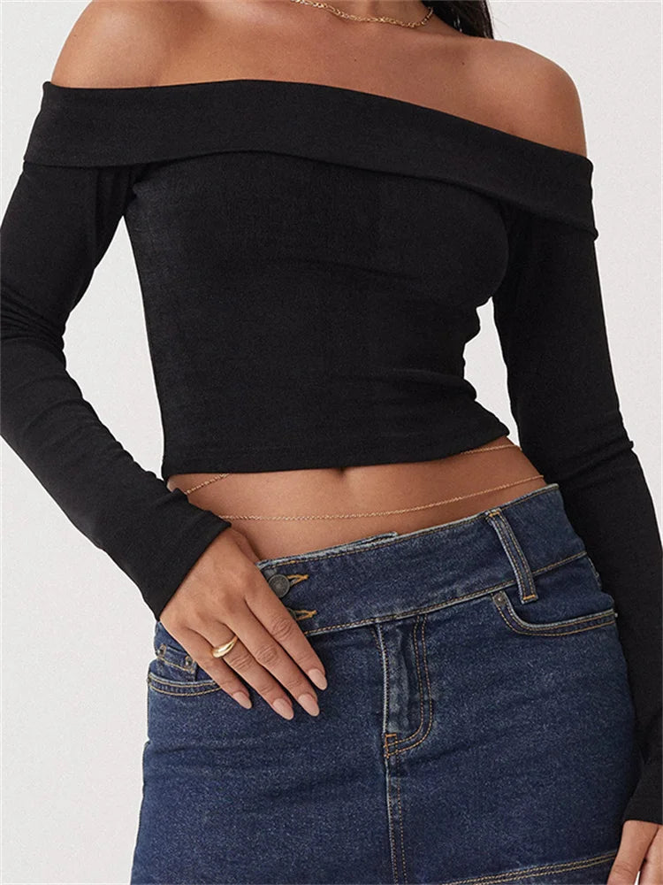 Sexy Long Sleeve Slim Fit Casual Exposed Navel Solid Slash Neck Off Shoulder T-shirts Silk Blend Satin Velvet