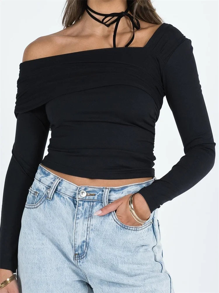 Slim Fit Ruched Casual Solid Asymmetric Neck Off Shoulder Long Sleeve Clubwear T-shirts Spandex Blend Rayon Blend Denim Blend