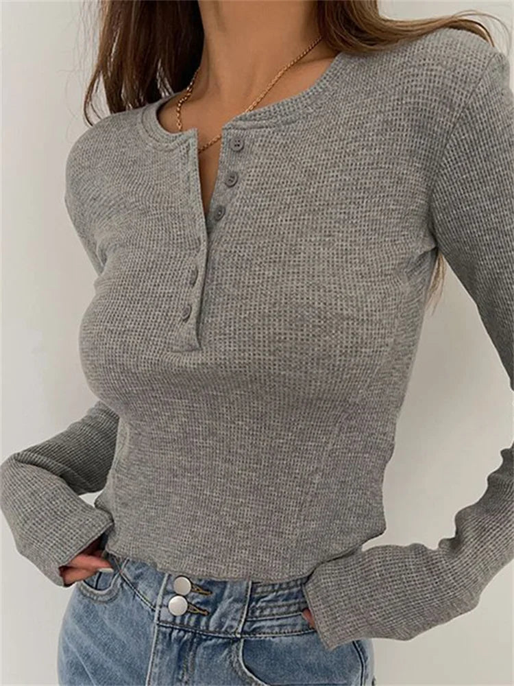 Solid Ribbed Basic Long Sleeve Ruched Casual Knitted Buttons Up T-shirts Modern Contemporary Chic