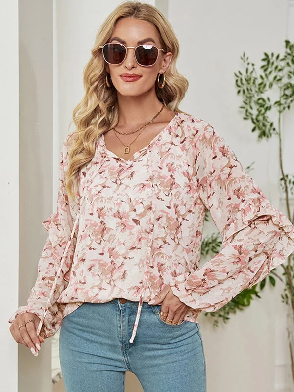 Long Sleeve Floral Printed Loose Chiffon T-Shirt Ribbed Striped Patterned