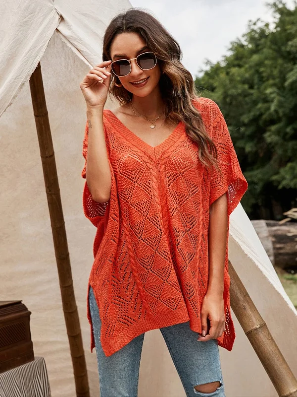 Loose Solid Color V-Neck Hollowed Short Sleeve Knitted T-Shirt Cozy Warm Stylish