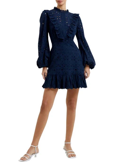 Navy Long Sleeve Anglaise Mini Dress Chic Puff Sleeve Mini Dress