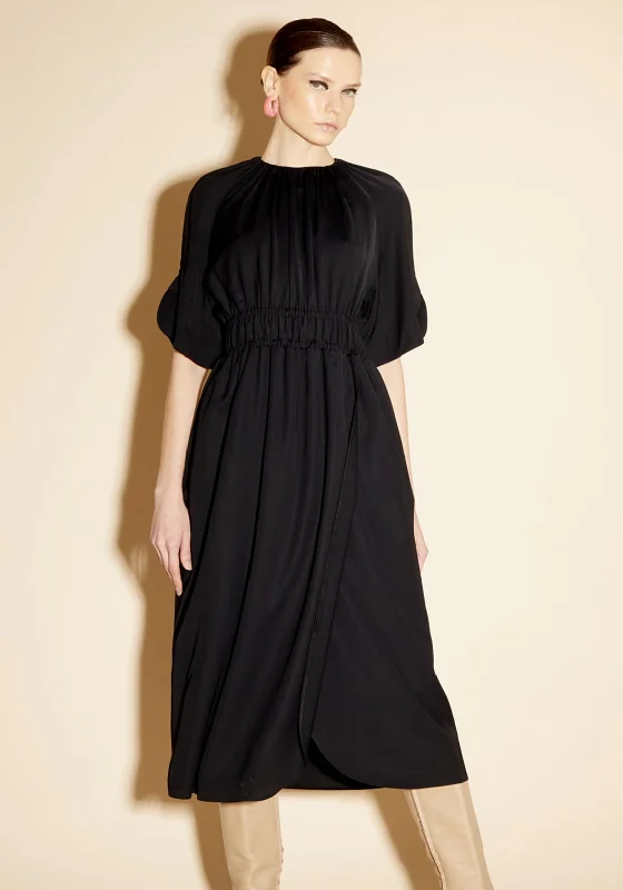 Birelin Stretch Waist Midi Dress, Black Fashionable Casual Midi Dress