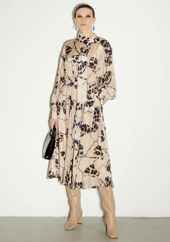 Birelin Animal Print A-line Midi Dress, Beige Multi Trendy Midi Dress with Belt