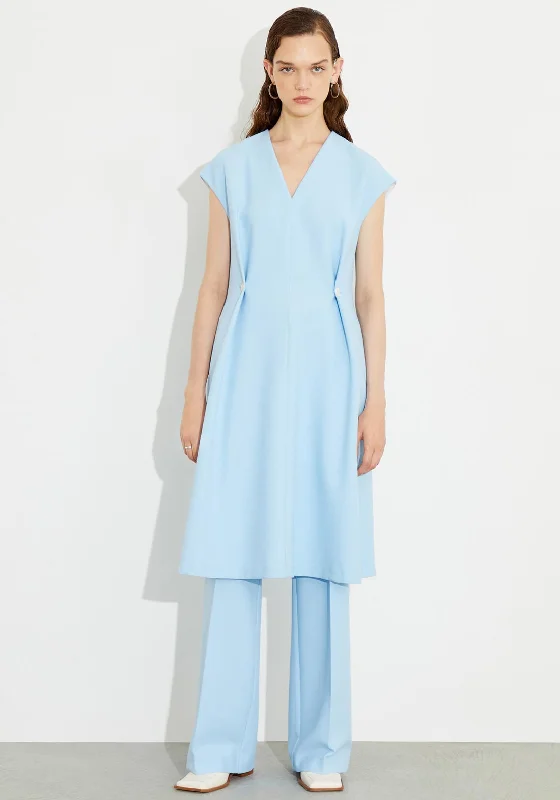 Birelin Button Pleated Midi Dress, Light Blue Elegant Puff Sleeve Midi Dress