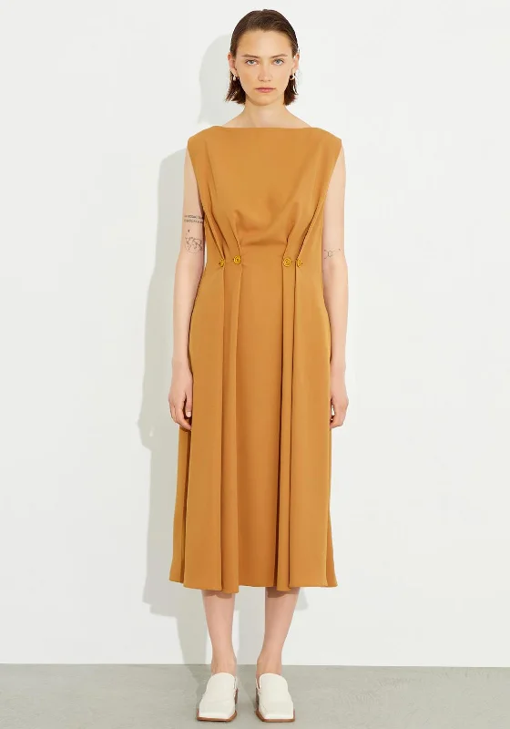 Birelin Double Button Pleated Midi Dress, Tobacco Comfortable Deep V Midi Dress