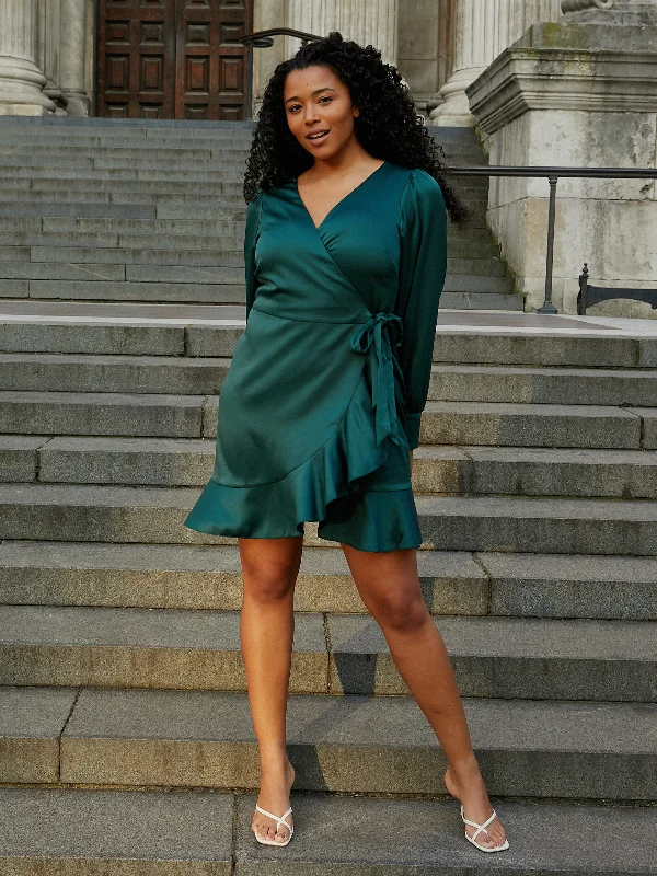 Bobbi Wrap Satin Mini Dress / Forest Green Fashionable Lace-Trim Mini Dress