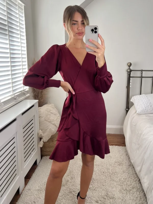 Bobbi Wrap Satin Mini Dress / Merlot Comfortable Smocked Mini Dress