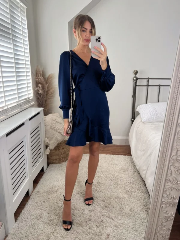 Bobbi Wrap Satin Mini Dress / Navy Elegant Satin Lace Mini Dress