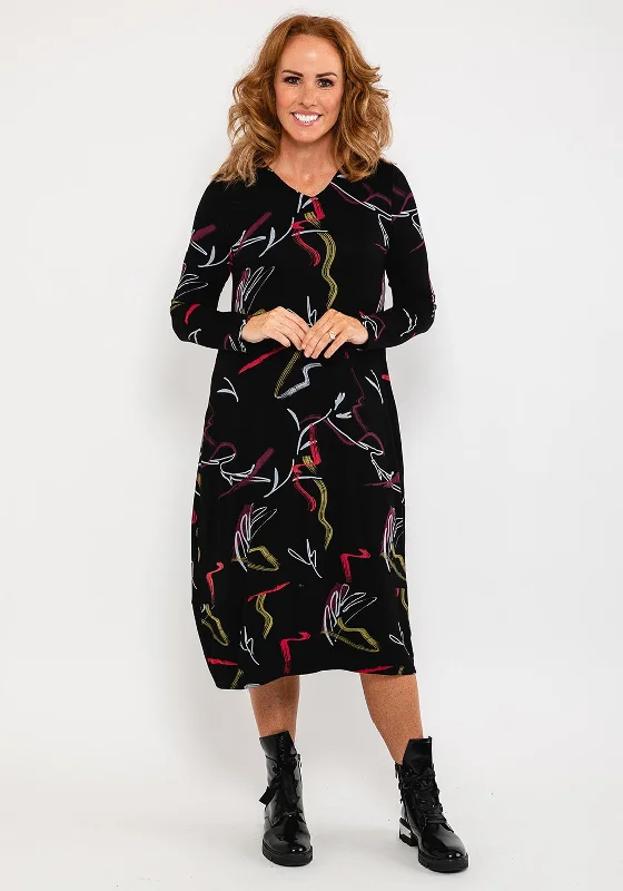 Capri Artistic Print Midi Dress, Black Fashionable One-Shoulder Midi Dress